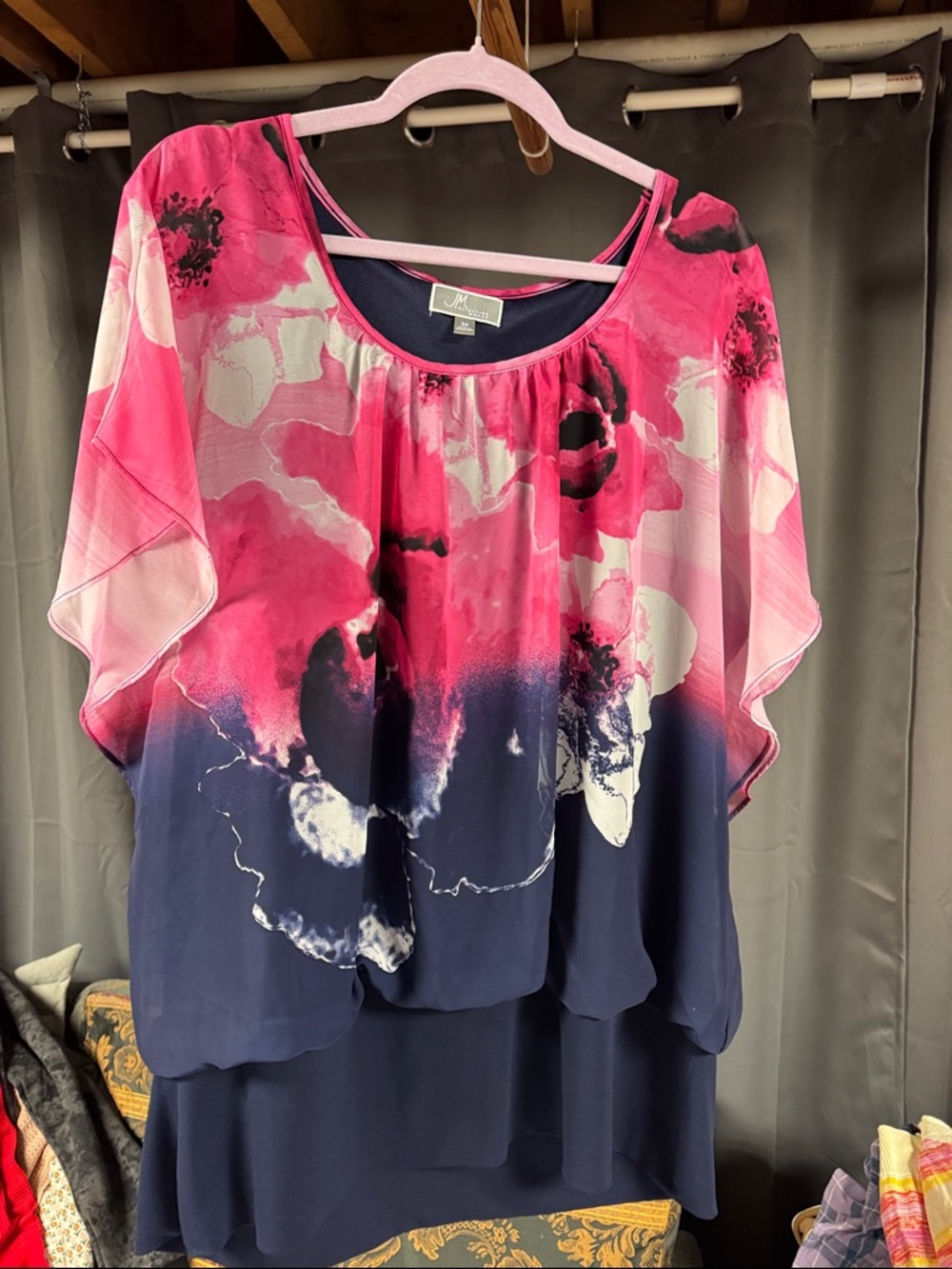 JM Collection Navy and Hot Pink Floral Layered Tunic